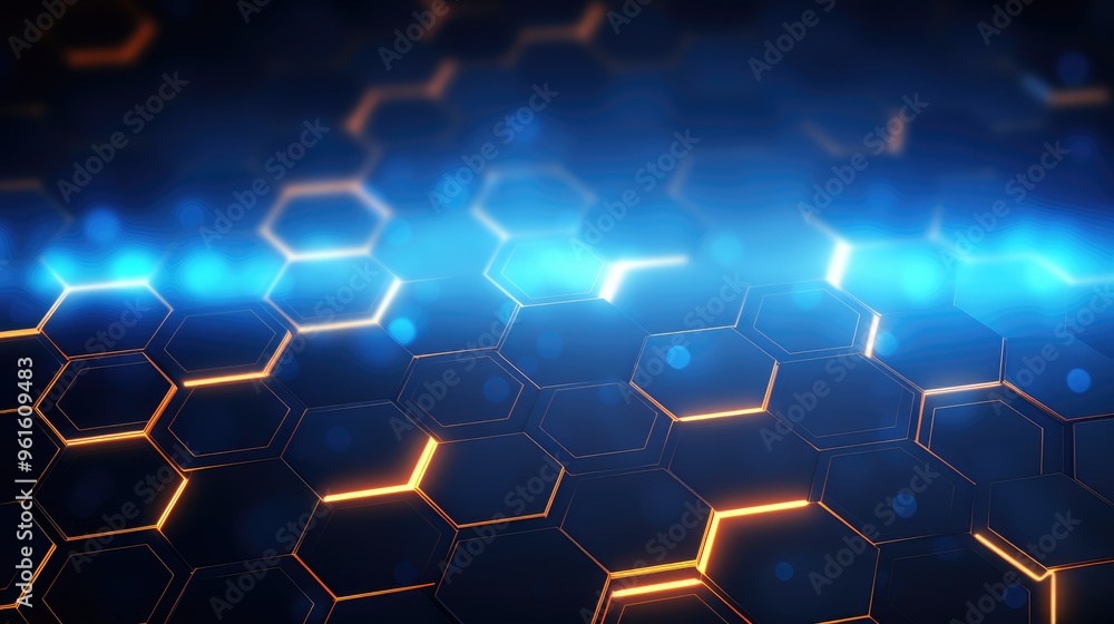 Poster abstract blue and orange hexagonal pattern with glowing lines. a modern and futuristic design. perfe