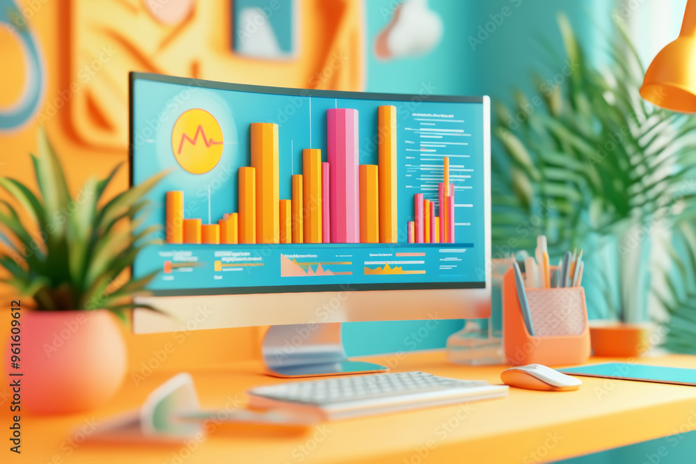 Poster a cheerful workspace with a sleek desktop computer showcases detailed and vibrant data visualization