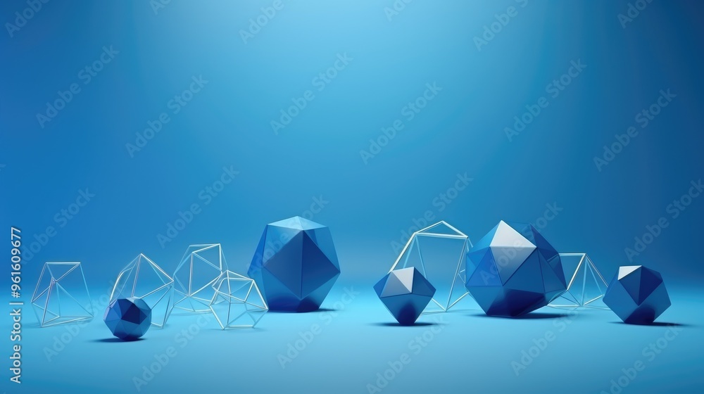 Poster abstract geometric shapes in blue tones on a blue background. the shapes are arranged in a random pa