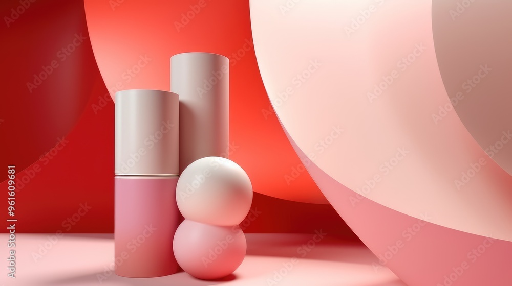 Poster abstract geometric shapes in pink and red tones create a modern and minimalist background.