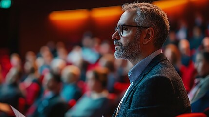 Obraz premium An attentive audience member listens closely during a conference or seminar, fully engaged in the discussion.