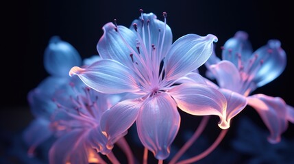 Fototapeta premium Delicate petals of a flower, illuminated in a vibrant blue and pink light, create a stunning abstract composition.