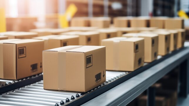 Close-up of cardboard boxes moving along a conveyor belt in a warehouse. The boxes are stacked neatly and ready for shipping.