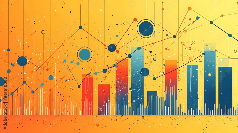 Poster an abstract data visualization featuring lines, dots, and bars on a yellow background, representing 