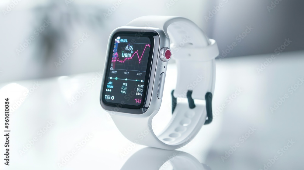 Poster high-key photograph of a digital smartwatch displaying real-time data analytics metrics on a white w
