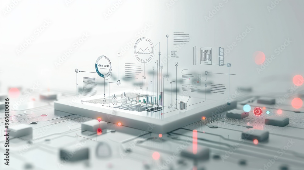 Poster minimalistic digital artwork of data analytics icons and symbols isolated on a white background.