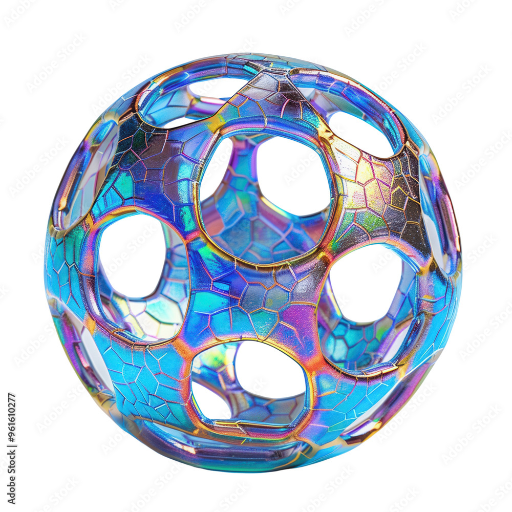 Poster a colorful, iridescent sphere with intricate hexagonal patterns and cutouts, showcasing a vibrant pl