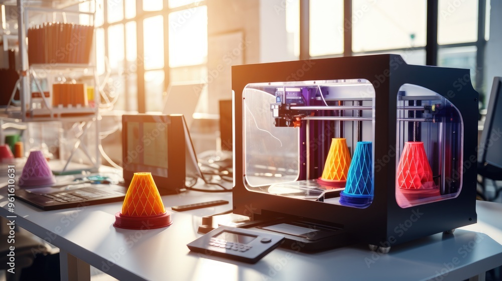 Poster a 3d printer sits on a white desk, with colorful objects printed on the table. the printer is in the