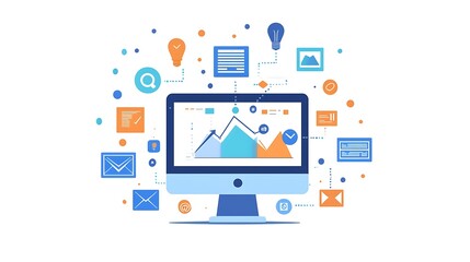 A computer screen shows data analysis with various icons and charts, illustrating complex insights.