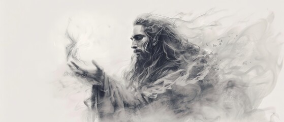 long-haired, bearded, emitting smoke from handless