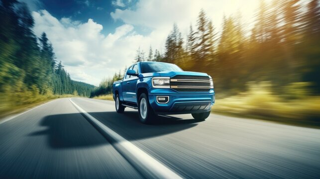 A blue pickup truck speeds down a winding road through a forest, sunlight filtering through the trees.