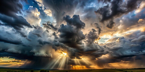 Dark clouds with the sun breaking through, stormy weather, dramatic lighting