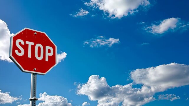 Stop sign against blue sky with clouds, safety and navigation concept