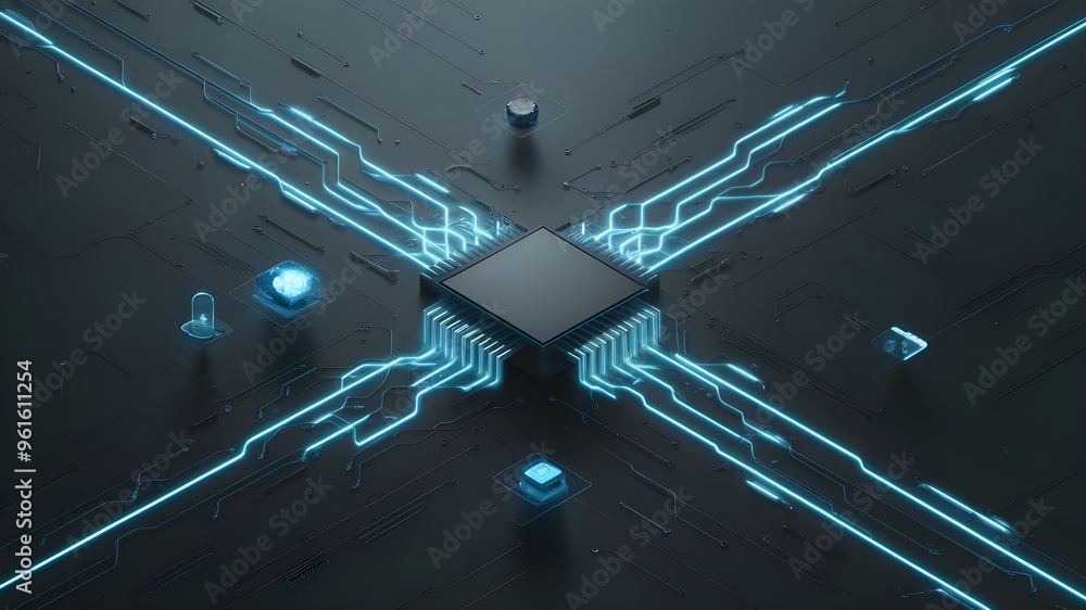 Poster futuristic circuit board with central processor. a captivating image of a complex circuit board, sho