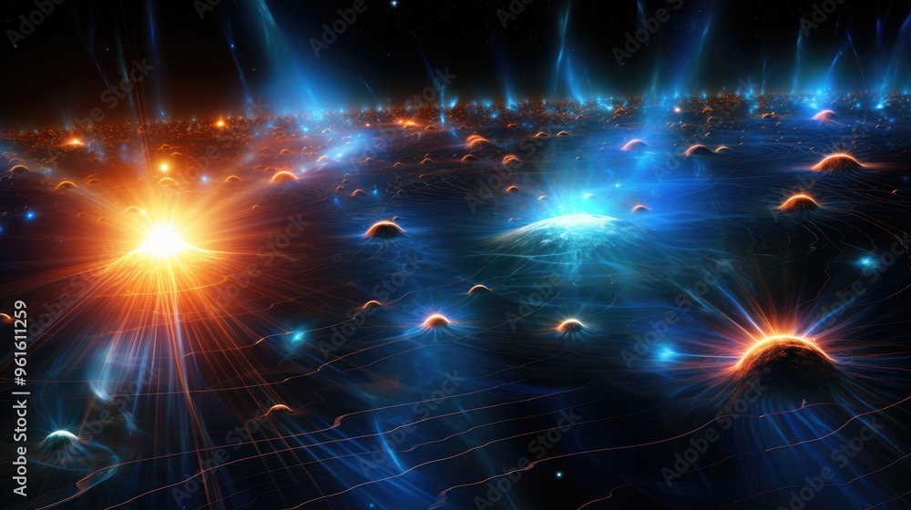Poster a captivating abstract artwork featuring a celestial landscape with glowing orbs and ethereal lines,