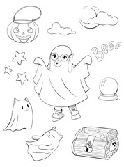 Halloween coloring page. Kid in a ghost halloween costume and spooky elements. Cartoon vector magic outline clip art. Trendy hand drawn illustration with a child, pumpkin, cat, boo