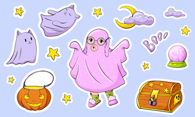 Halloween sticker pack. Kid in a ghost halloween costume and spooky elements. Cartoon vector magic collection clip art. Trendy hand drawn illustration with a child, pumpkin, cat, boo
