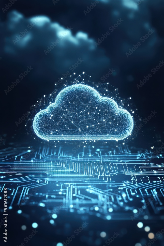 Poster digital cloud icon floating over abstract circuit board background, representing cloud computing and