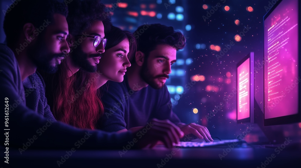 Poster group of friends engaged in programming at night in a modern workspace with vibrant lighting and foc