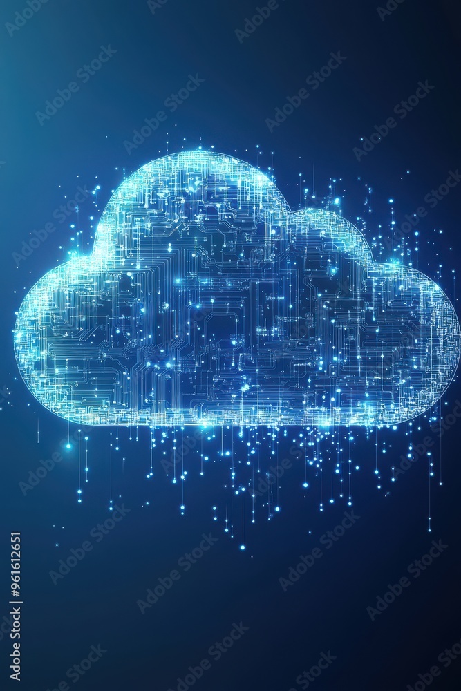Poster digital cloud icon with circuit board patterns representing technology, data storage, and modern com