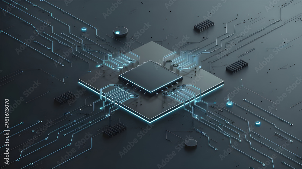 Poster futuristic circuit board with central processor. a captivating image of a complex circuit board, sho