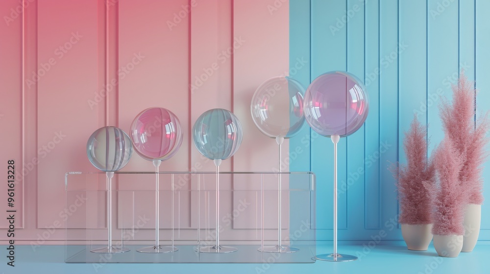 Poster a sophisticated arrangement of transparent and colored abstract spheres set against a gradient paste