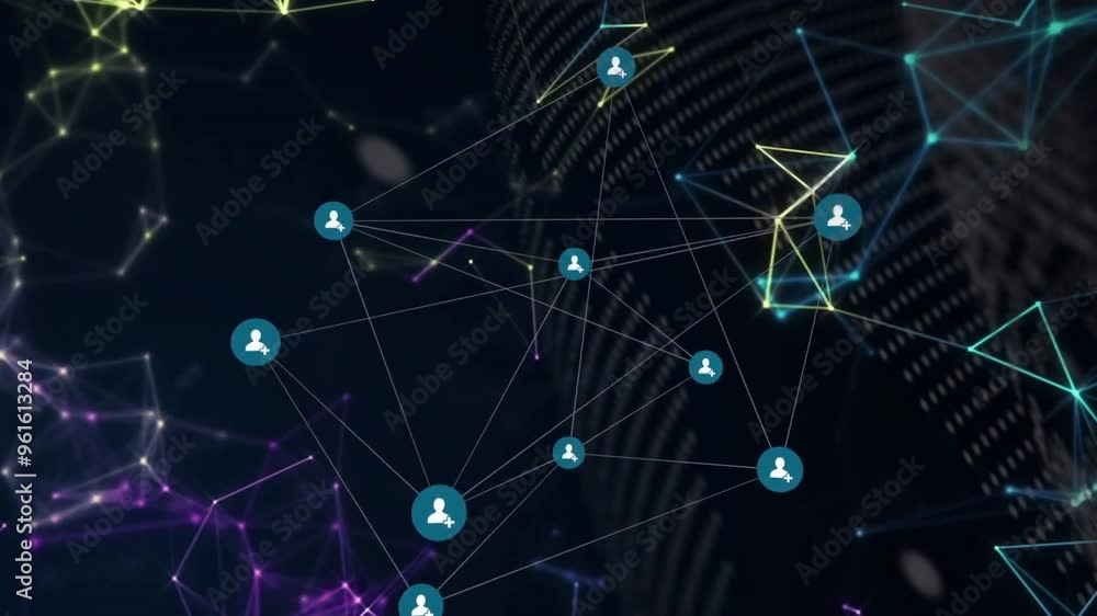 Poster network of connections and user icons animation over cityscape background