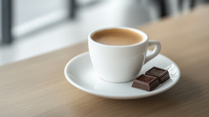 Fototapeta premium Coffee in a minimalist cup, with a small piece of chocolate on the side, in a quiet