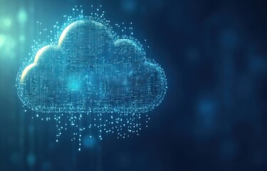 Digital cloud icon with circuit board design illustrating futuristic technology and data storage concepts in a blue background
