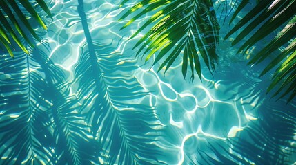 shadow of palm leaves on blue water creating a peaceful and tropical background perfect for a summer vacation banner at the beach with tranquil water surface
