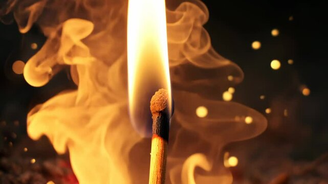 Burning matchstick with flames and sparks, close-up view. Heat and energy concept