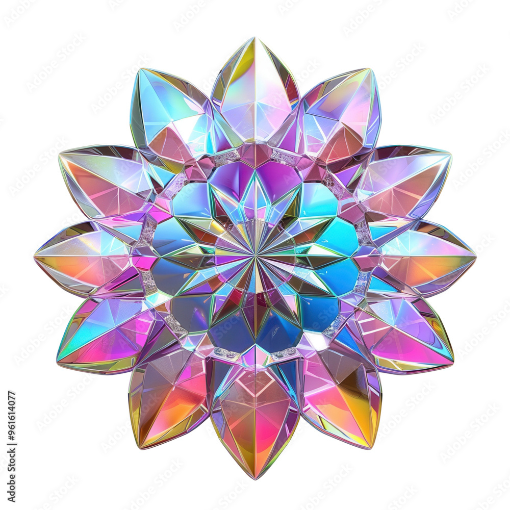 Poster a stunning crystal flower design with colorful facets, capturing light in vibrant hues and creating 