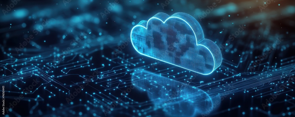 Poster futuristic cloud computing concept with digital cloud icon surrounded by circuit patterns, symbolizi