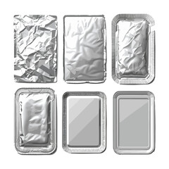 Set of realistic empty silver aluminum food trays. Blank rectangular foil containers. Disposable packaging for food.