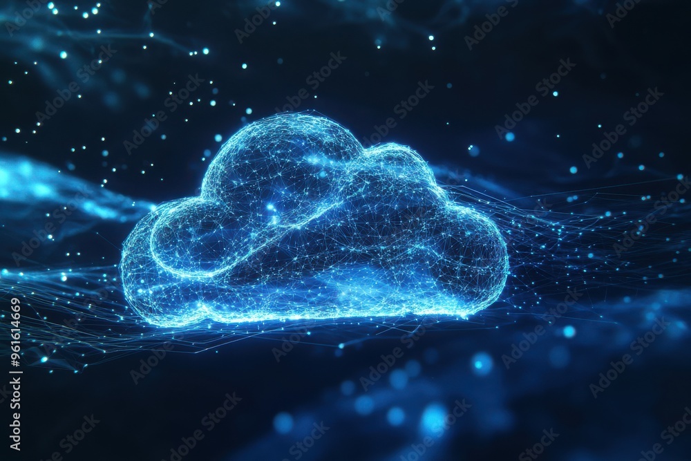 Poster digital cloud icon with glowing lines and data connections representing modern technology and cloud 
