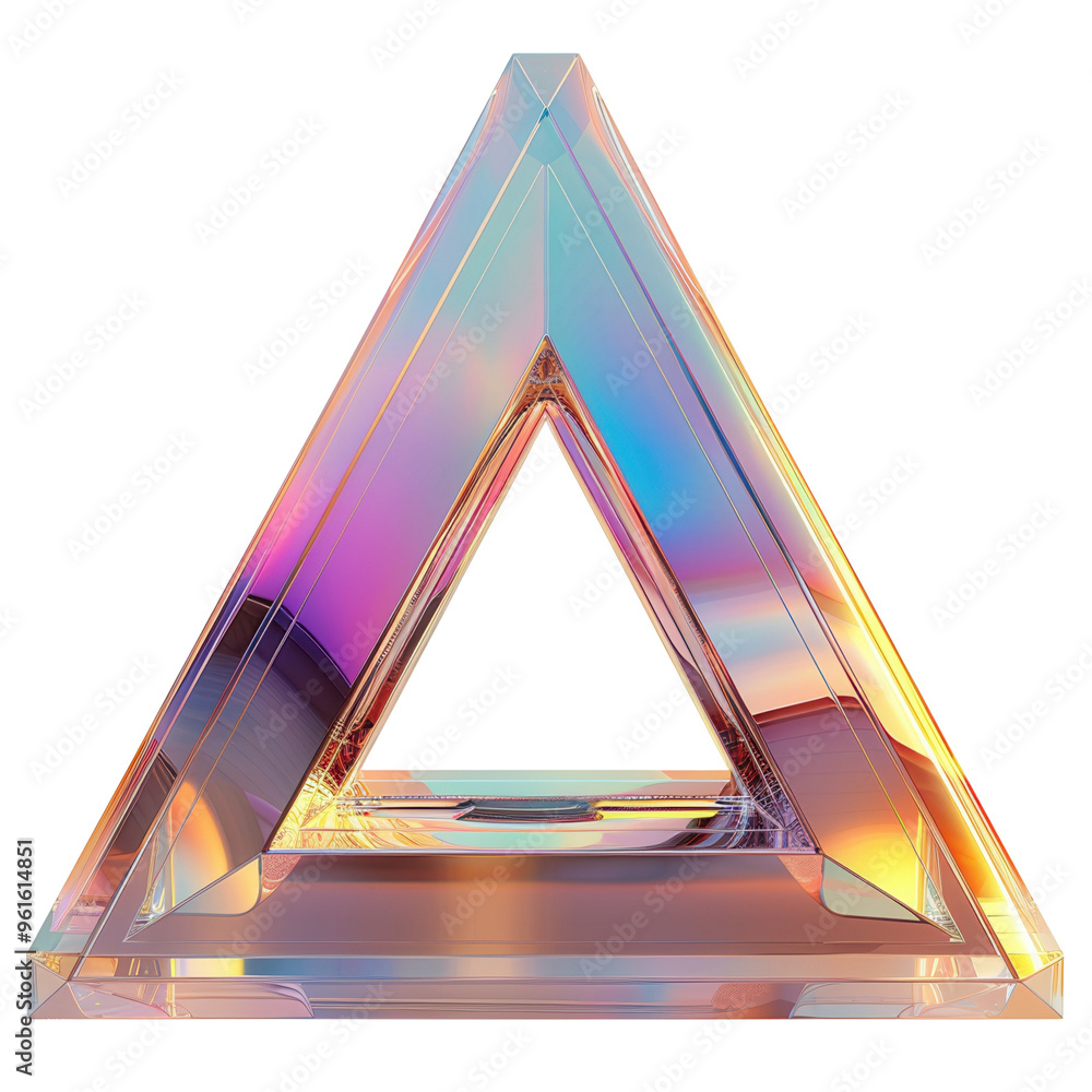 Poster a stunning, iridescent triangular prism with vibrant reflections and a modern design, perfect for ar