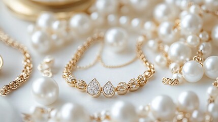Elegant gold and pearl jewelry with sparkling diamonds and accessories