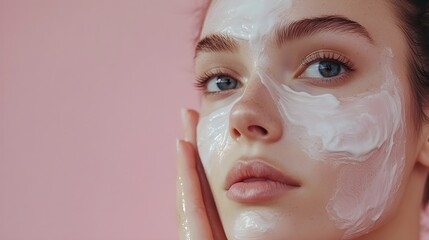 A close-up of a woman's hand applying a face mask with natural ingredients, showcasing healthy skin and a calm expression against a soft pastel background