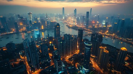 Fototapeta premium A stunning aerial view of a vibrant city skyline illuminated at dusk, showcasing modern skyscrapers and waterways reflecting city lights.
