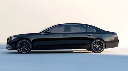 Obraz premium A sleek modern sedan parked on a smooth asphalt surface, showcasing its streamlined design against a light solid color background