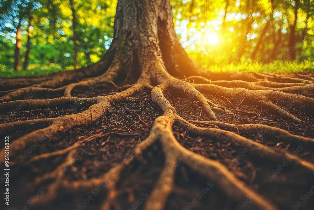 Poster close-up of tree roots in a forest setting