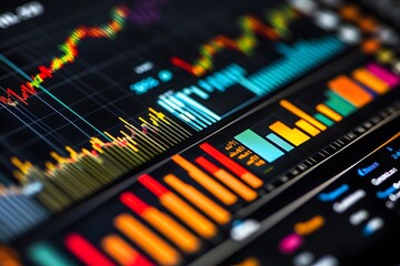 Colorful Bar Graphs and Line Chart on a Black Screen