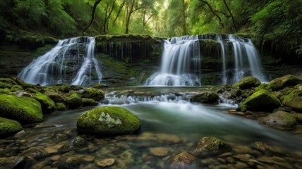  Waterfalls in verdant landscape