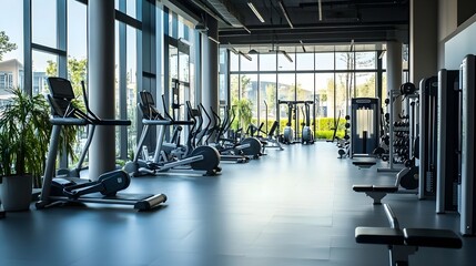 A spacious modern gym with sleek equipment and large windows allowing natural light to flood in, creating an inviting atmosphere