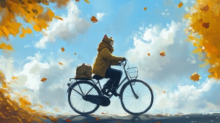 Obraz premium A whimsical scene of a person on a bicycle surrounded by colorful autumn leaves under a bright blue sky.