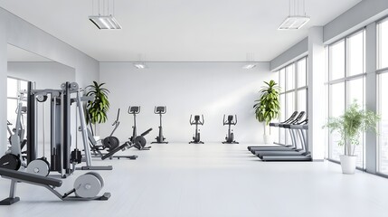 A spacious gym interior with modern workout equipment on a white background, emphasizing the clean and organized environment