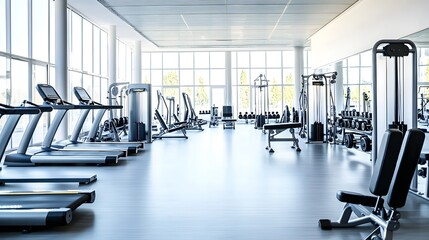 A spacious gym interior with modern workout equipment on a white background, emphasizing the clean and organized environment