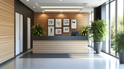 A modern gym reception area featuring a sleek front desk, potted plants, and motivational posters on the walls, with ample copy space for branding