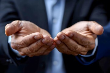 Obraz premium Close-Up of Businessman Offering Hands Concept of Assistance, Trust, and Support