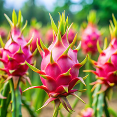 Obraz premium Close-up of vibrant dragon fruit buds in a lush field, showcasing their unique shape and stunning color